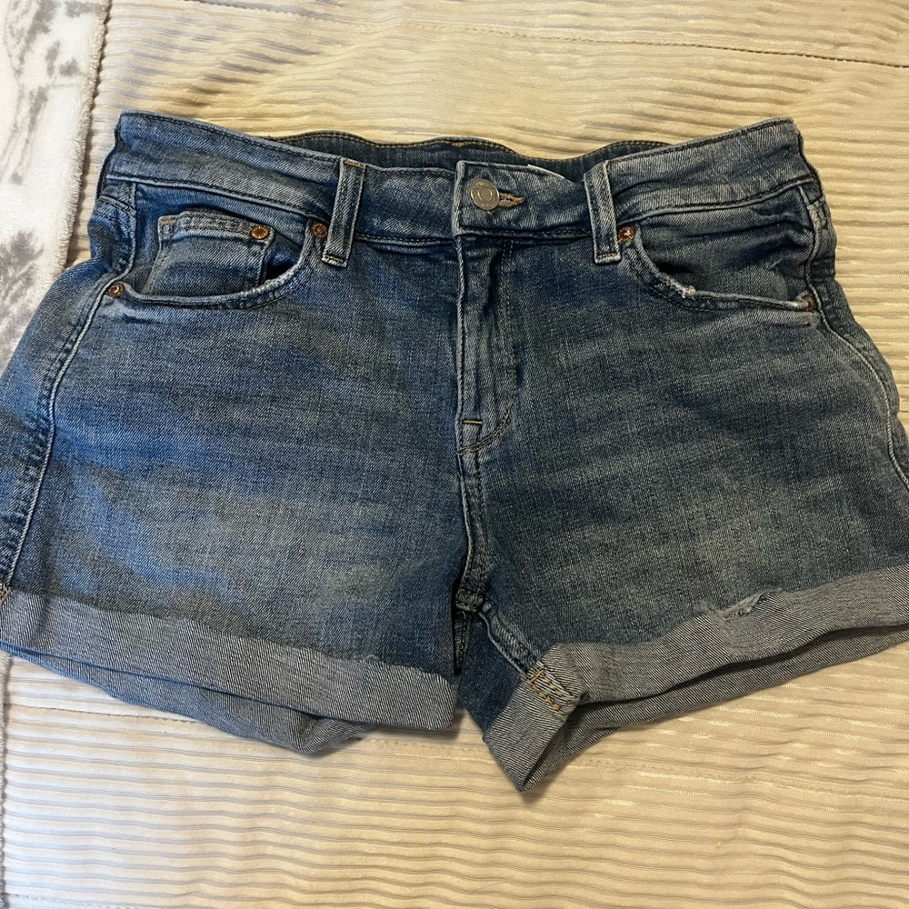 Blue Jean Shorts with Distressed Wash and Cuffed Hem